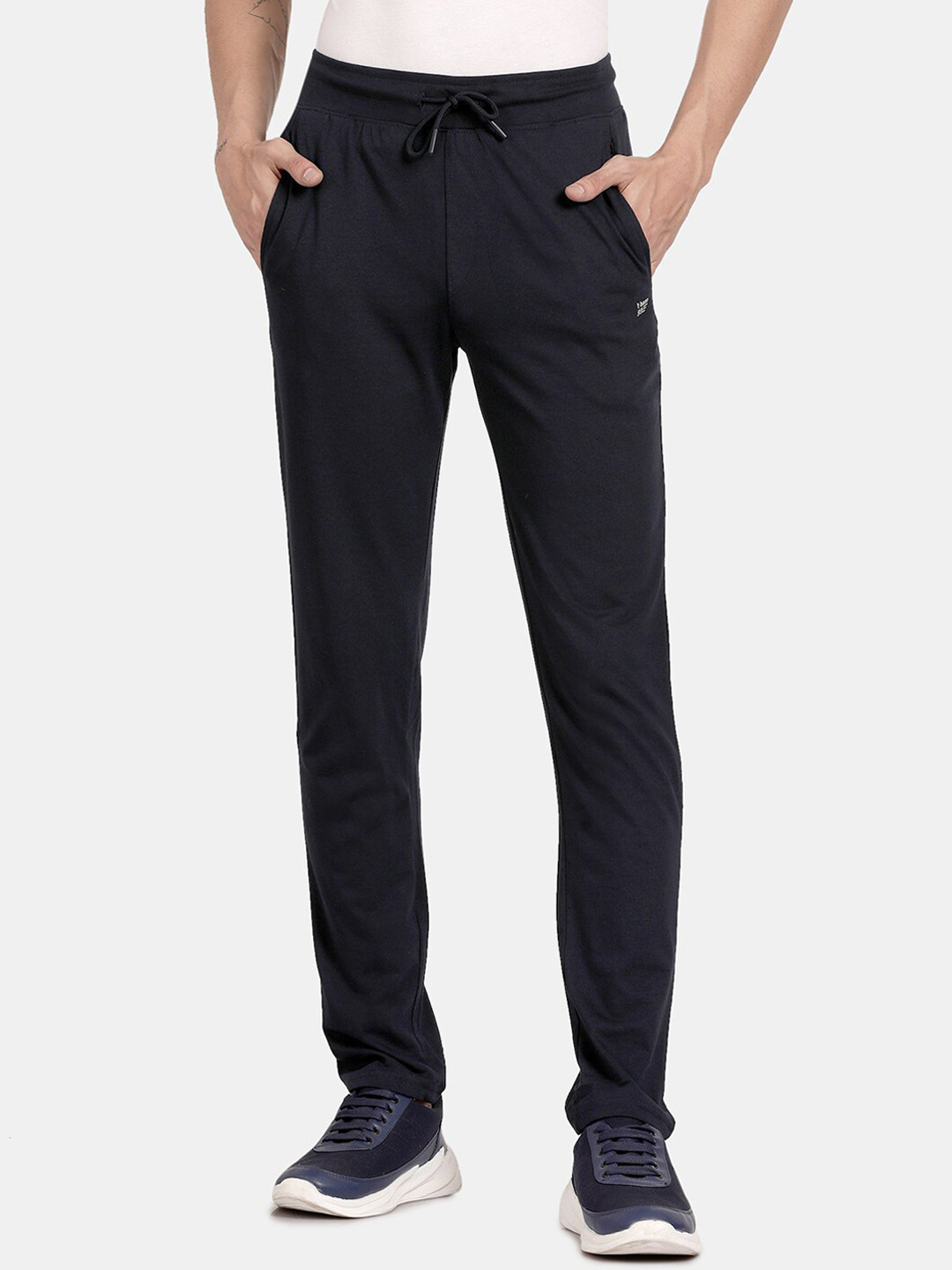 t-base Men Navy Blue Solid Cotton Track Pant