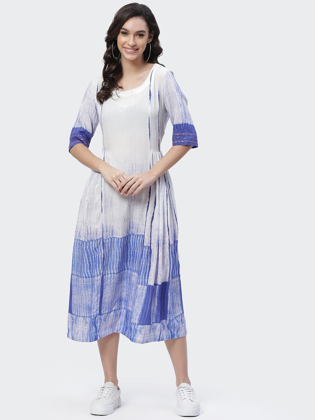 Biba White & Blue Tie and Dye Dyed Ethnic A-Line Midi Dress