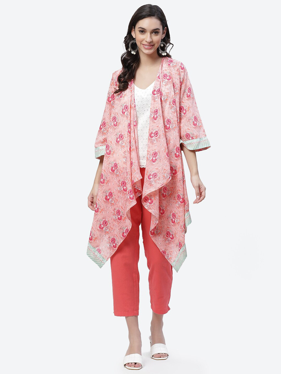 Biba Women Pink & White Printed Longline Waterfall Fusion Shrug