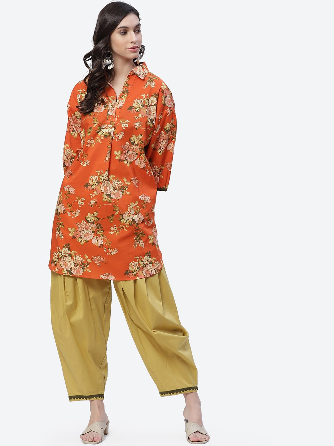 Biba Women Orange Floral Printed Pure Cotton Kurta with Salwar
