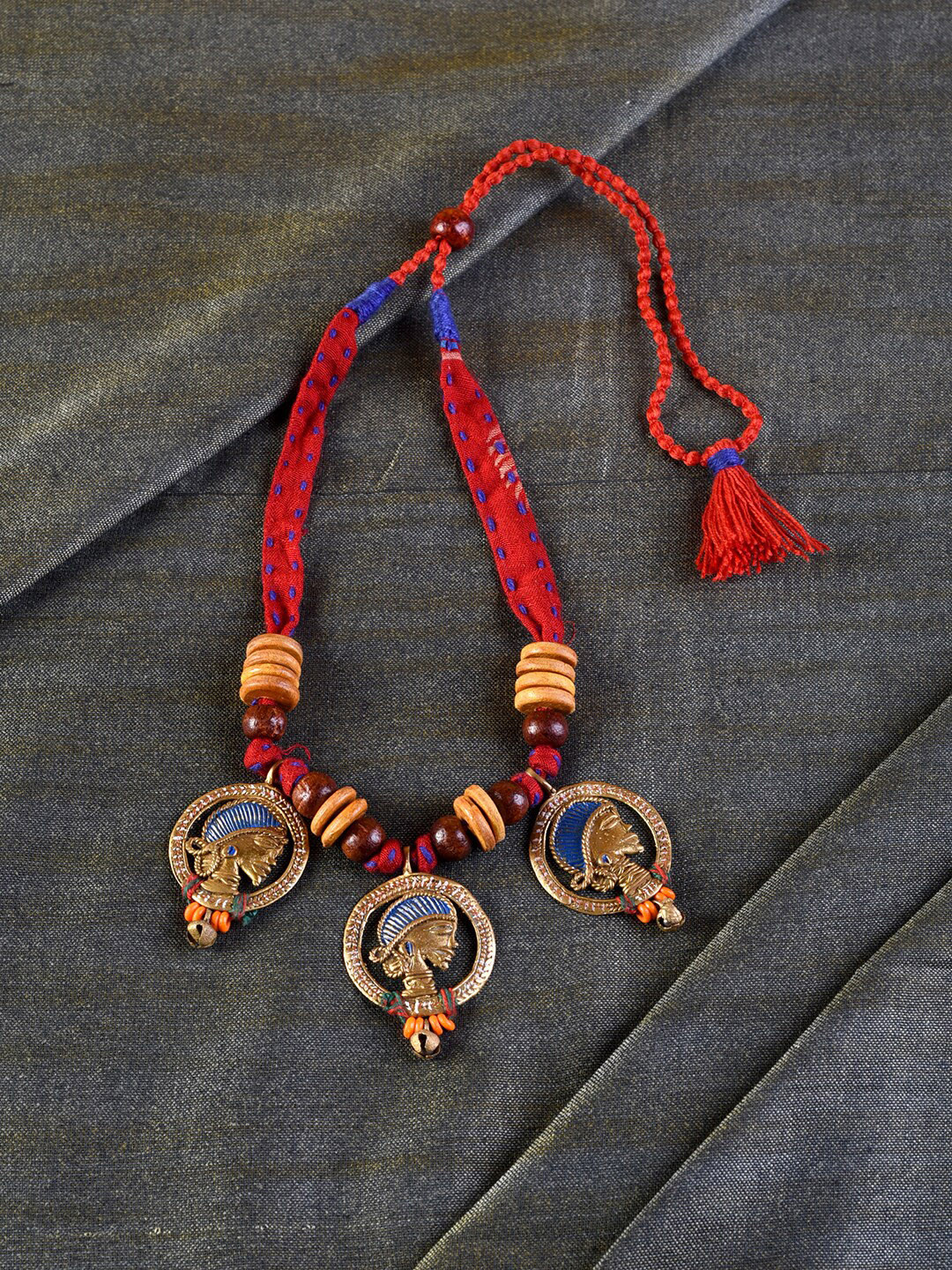 AAKRITI ART CREATIONS Red & Blue Brass Tribal Dhokra Necklace