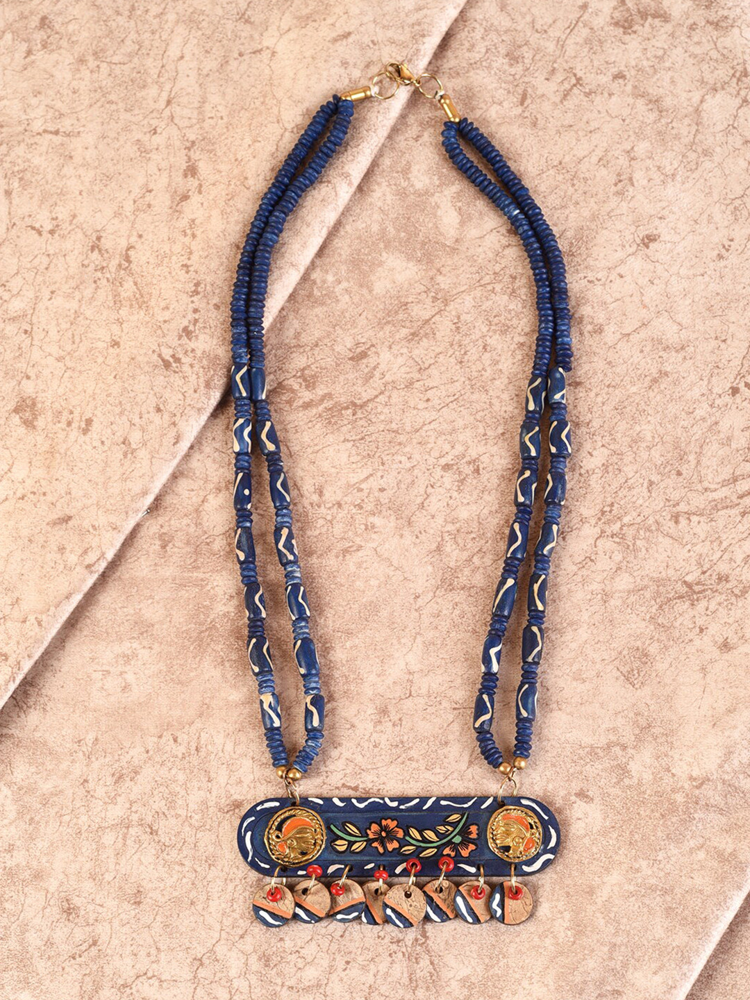 AAKRITI ART CREATIONS Blue & Orange Mona-Lisa Tribal Dhokra Necklace