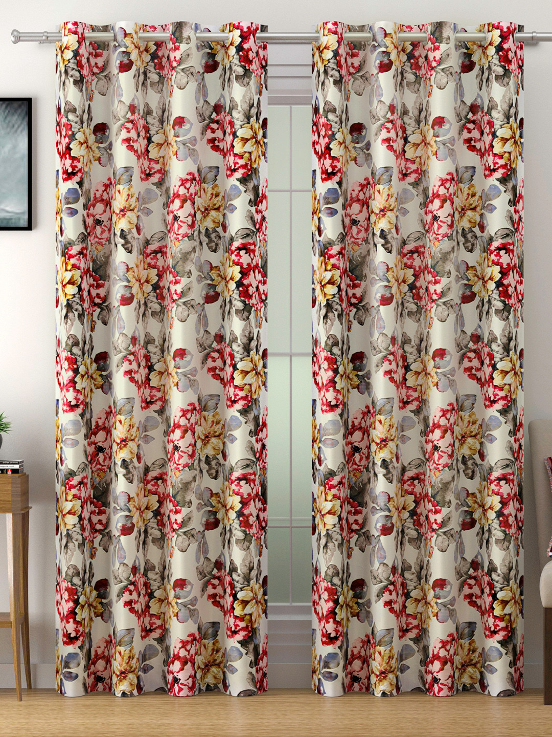 Swayam Omega Set of 2 Red Floral Blackout 330 GSM Door Curtains -7.5ft