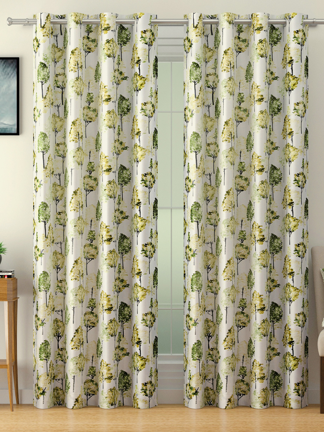 SWAYAM Green & White Set of 2 Blackout 330 GSM Botanical Printed Door Curtains