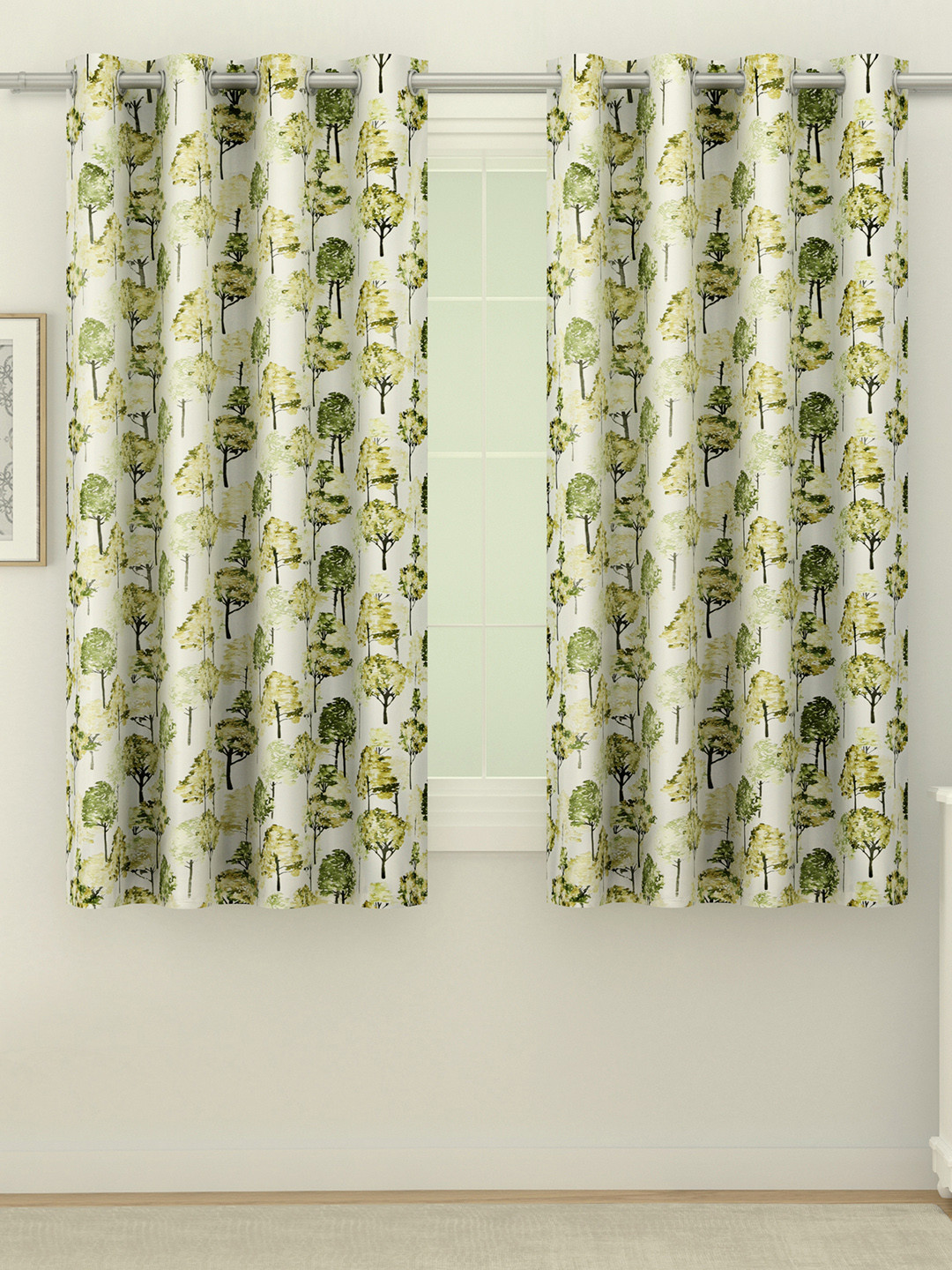 SWAYAM Green & Yellow Set of 2 Floral Room Darkening Window Curtains