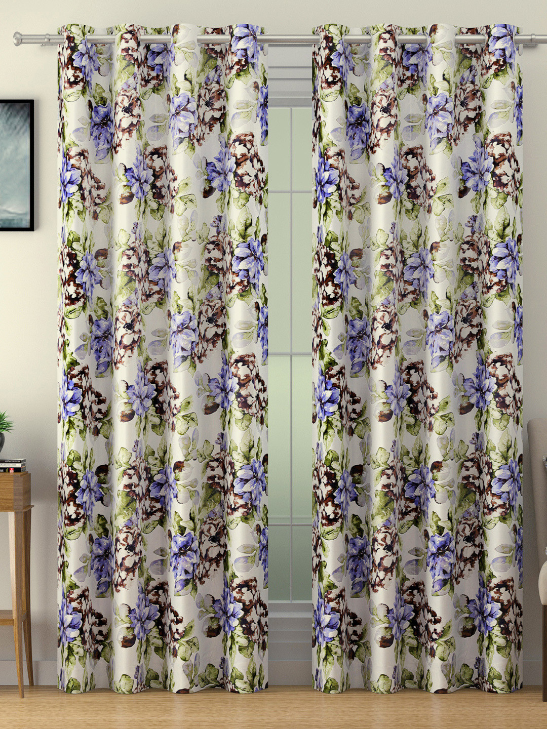 SWAYAM Blue & Green Set of 2 Floral Blackout 330 GSM Door Curtain