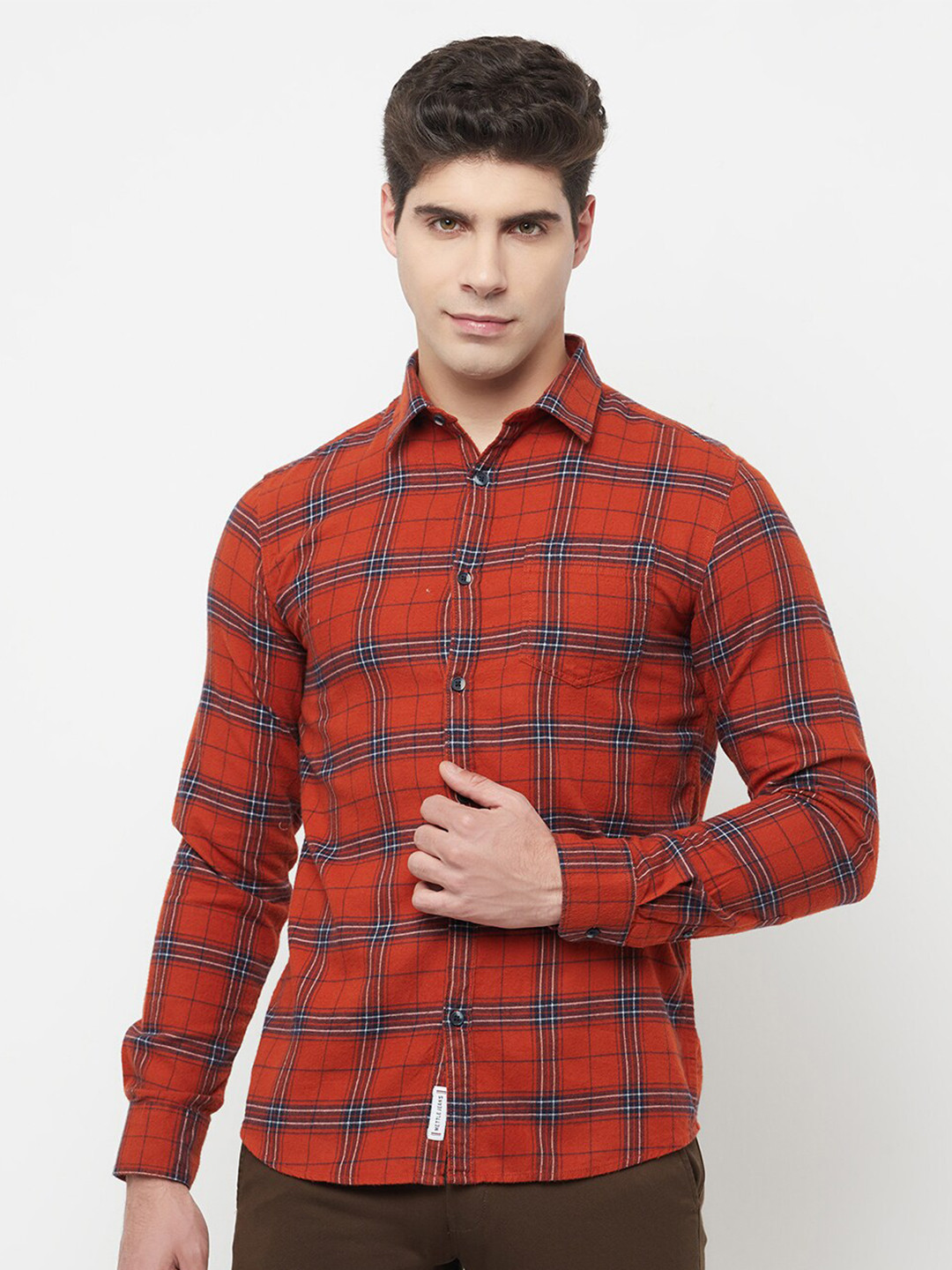 METTLE Men Coral Tartan Checks Checked Casual Shirt