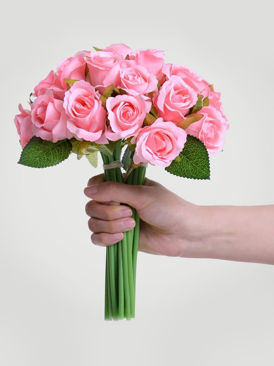 TIED RIBBONS Set Of 12 Pink & Green Artificial Rose Flowers