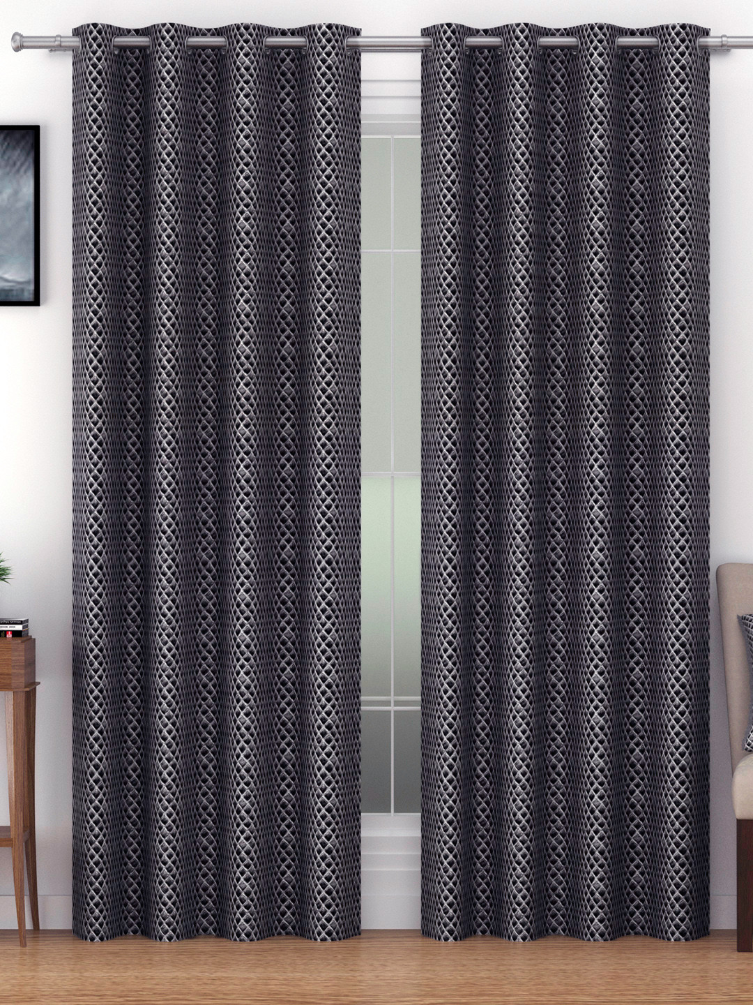 SWAYAM Grey Set of 2 Blackout 300 GSM Geometric Printed Door Curtain
