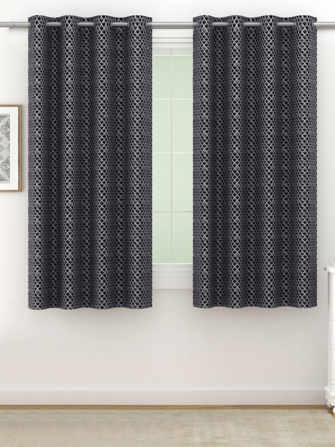SWAYAM Grey Set of 2 Blackout 300 GSM Geometric Printed Velvet Window Curtains