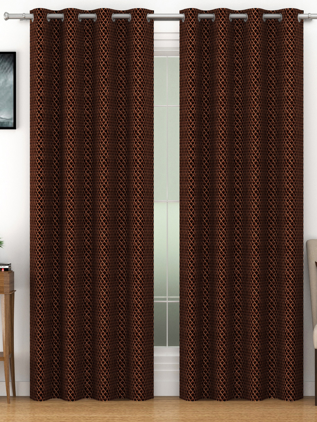 SWAYAM Set of 2 Brown Blackout 300 GSM Geometric Printed Door Curtain