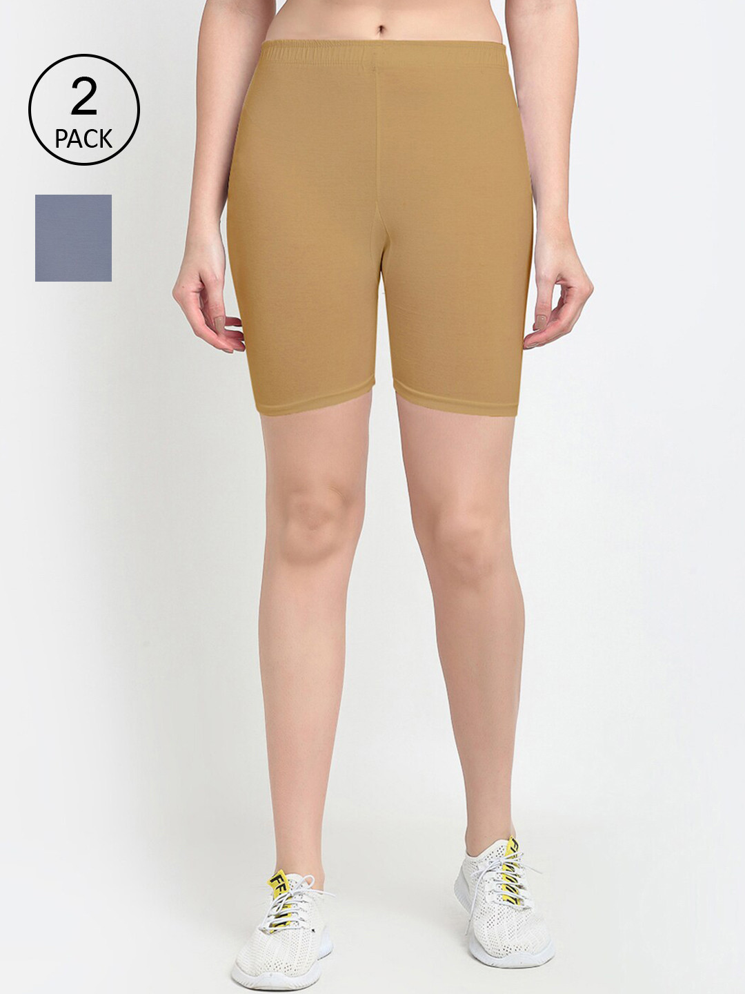 GRACIT Women Grey & Khaki Pack of 2 Biker Shorts