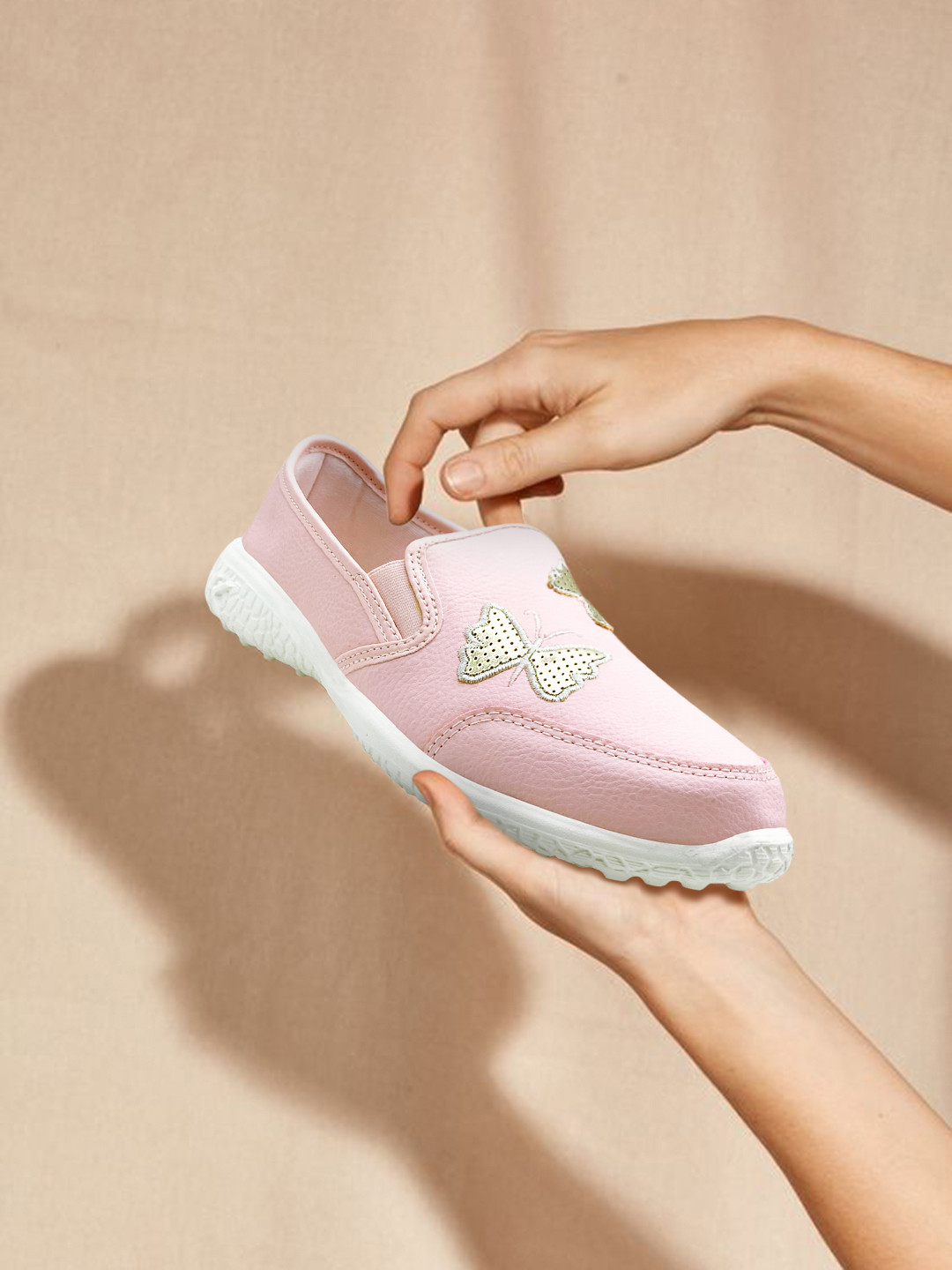 KazarMax Women Pink Woven Design PU Butterfly Slip-On Sneakers