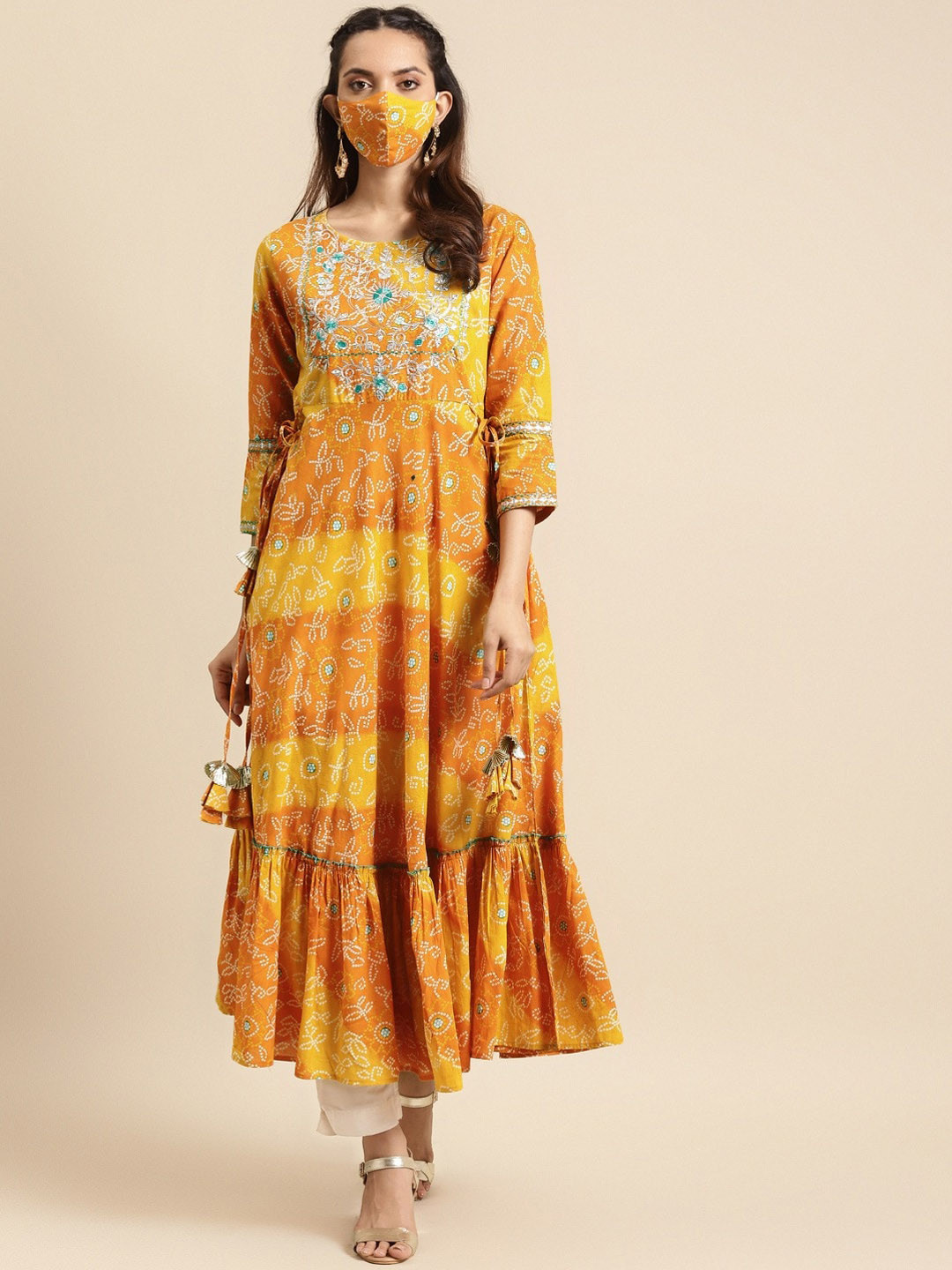 RANGMAYEE Women Yellow Bandhani Printed Cotton Anarkali Kurta With Matching Mask