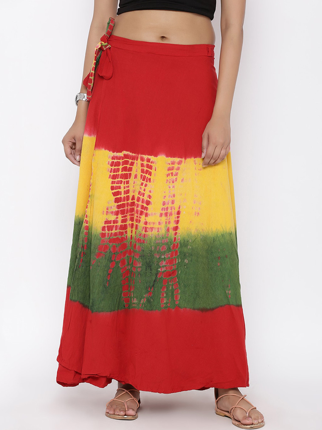 SOUNDARYA Women Red & Yellow Dyed Cotton Wrap Around Skirt