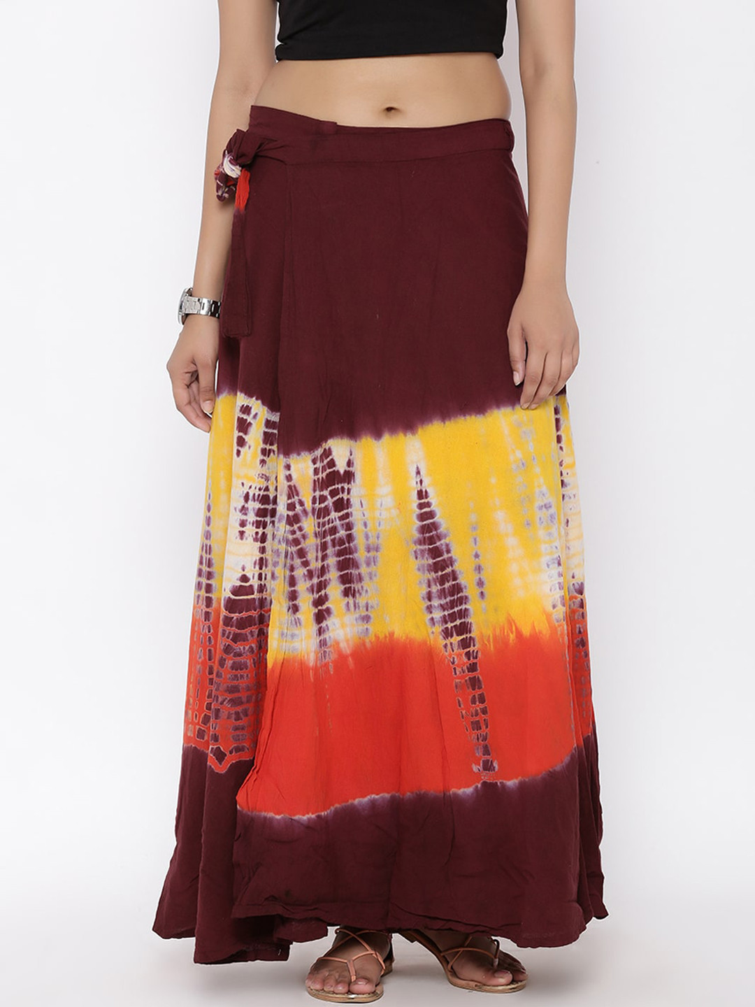 SOUNDARYA Women Maroon & Yellow Tie and Dye Printed Pure Cotton Maxi Wrap Skirt