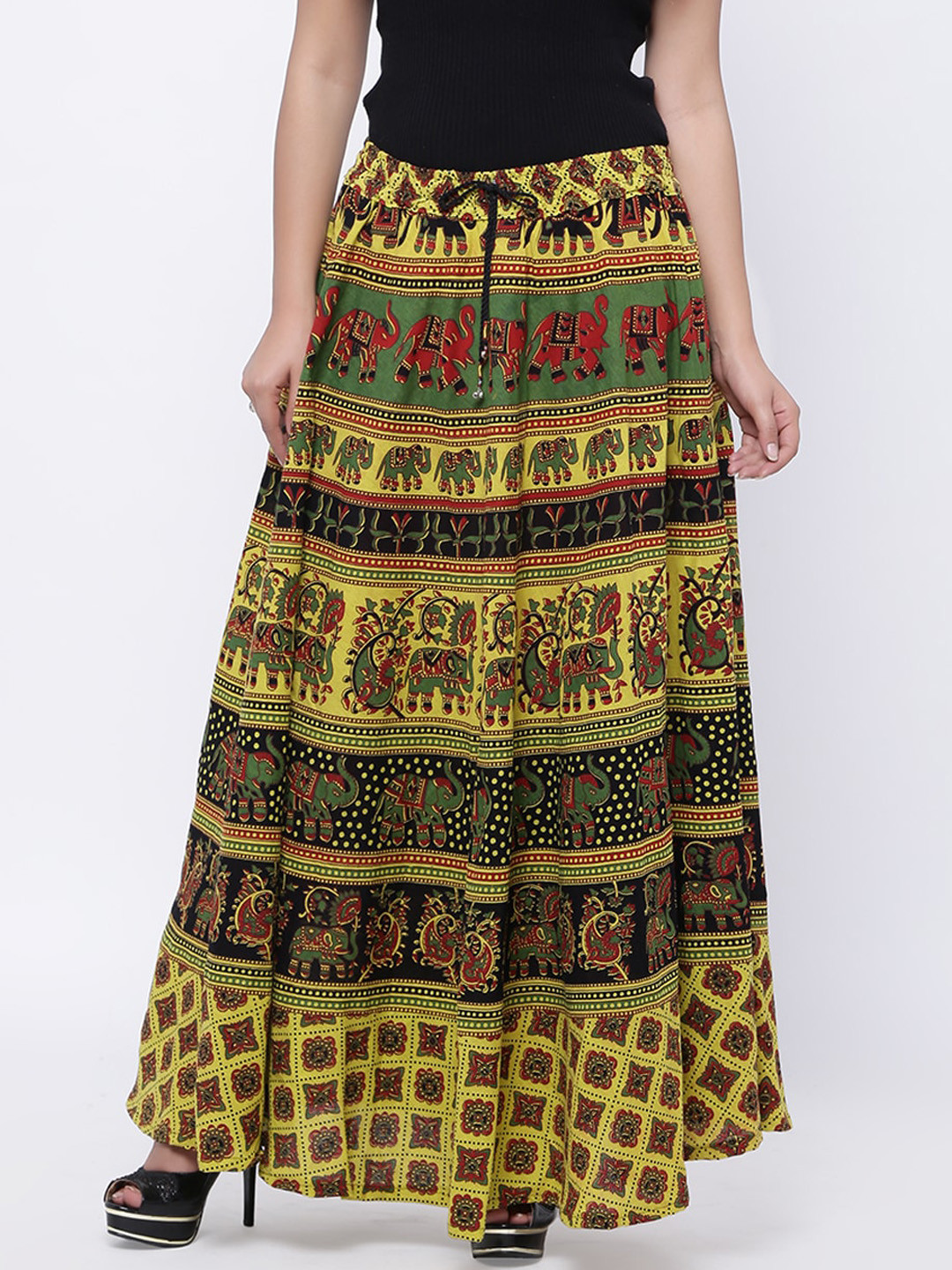 SOUNDARYA Women Lime Green & Red Printed Pure Cotton Maxi Flared Skirt