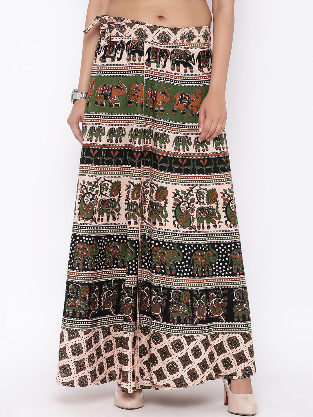 SOUNDARYA Women Beige & Green Printed Pure Cotton Wrap Around Skirt