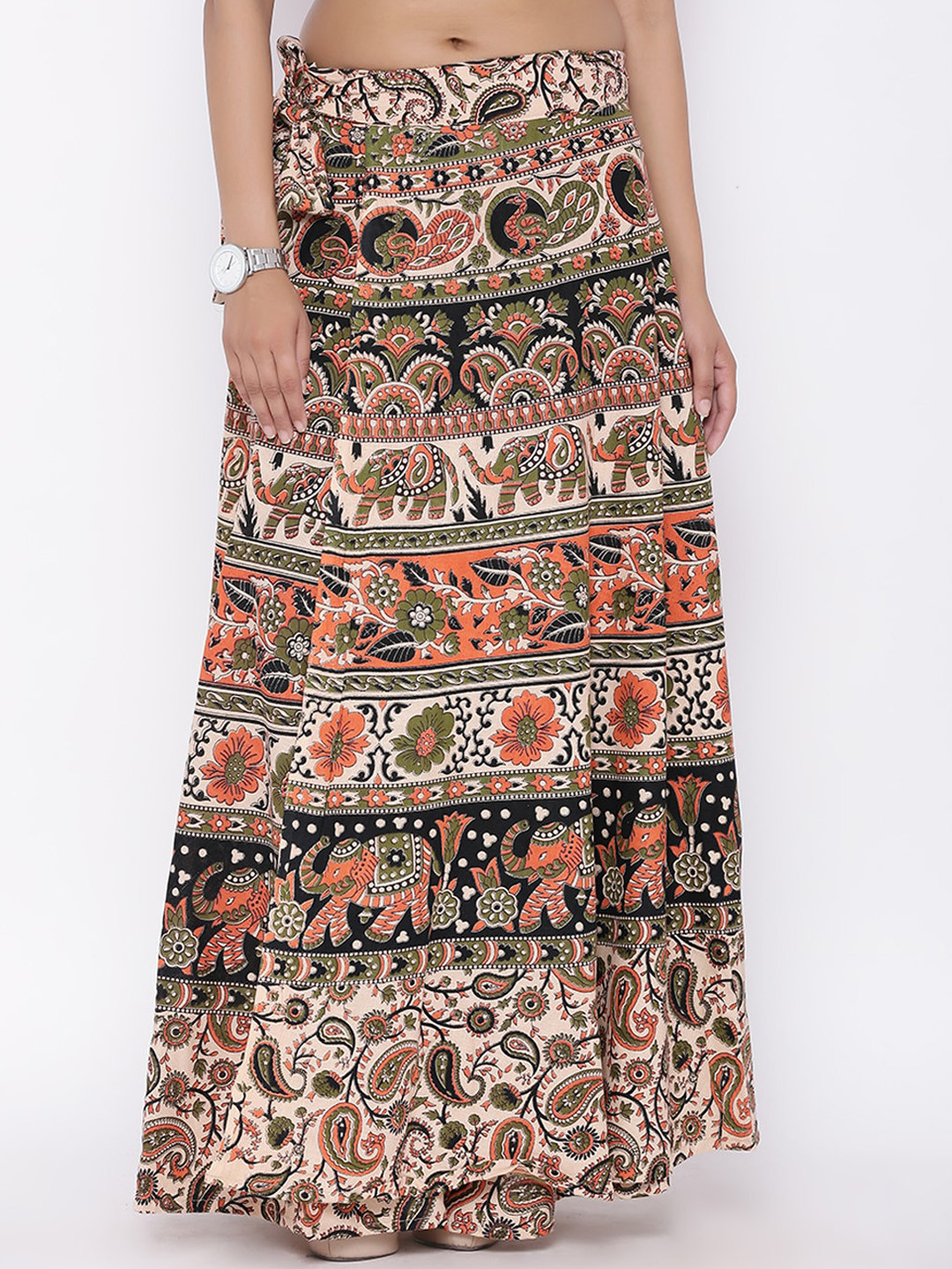 SOUNDARYA Women Beige & Green Printed Pure Cotton Wrap Around Skirt