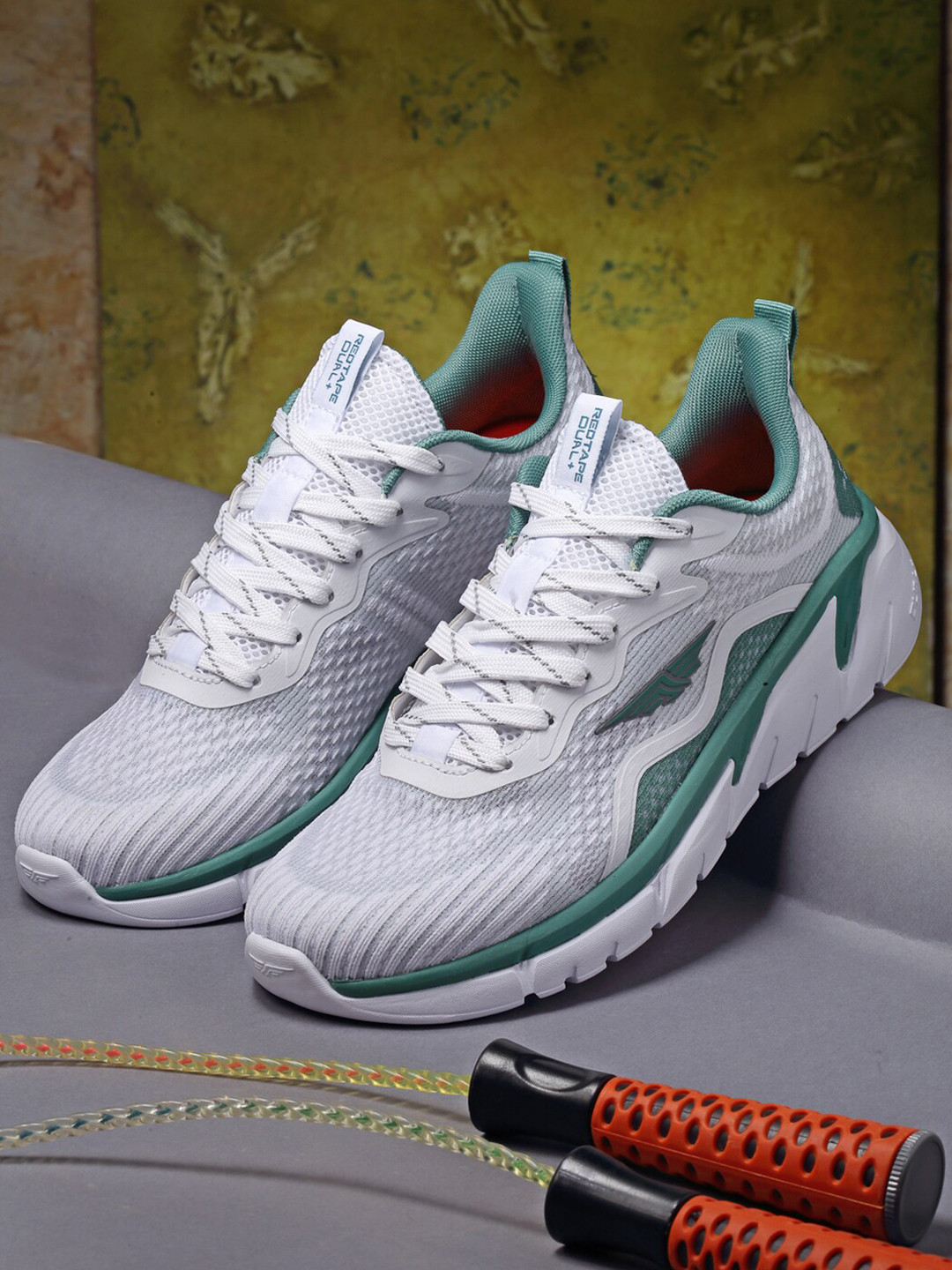 Red Tape Men White & Green Mesh Walking Shoes