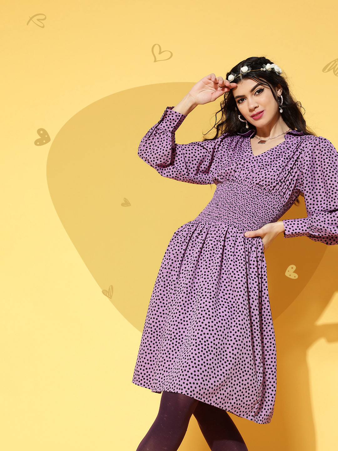 Elegant Mauve Polka Dots Cinched Waist Dress