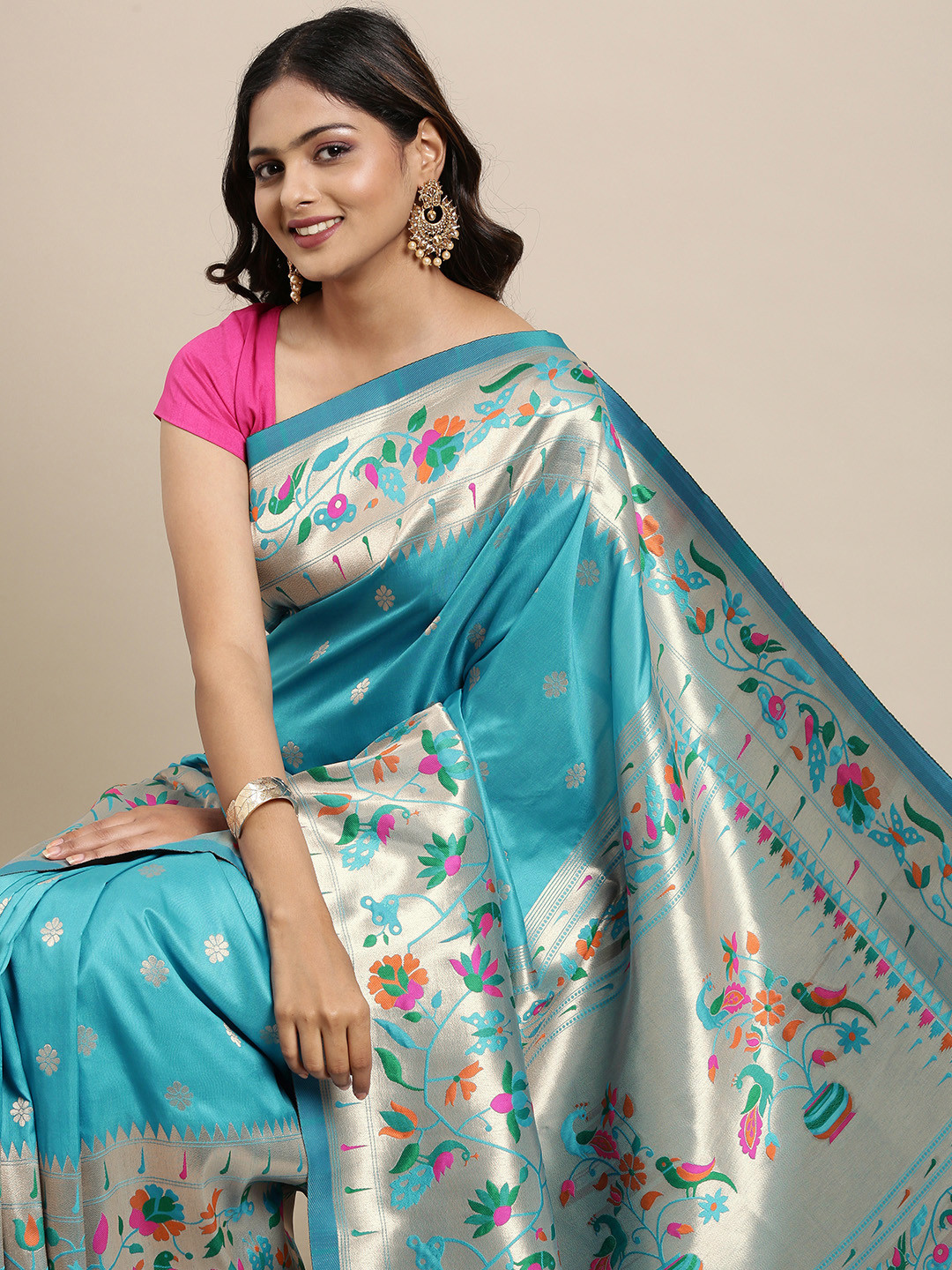 Mitera Blue Woven Design Zari Silk Blend Paithani Saree