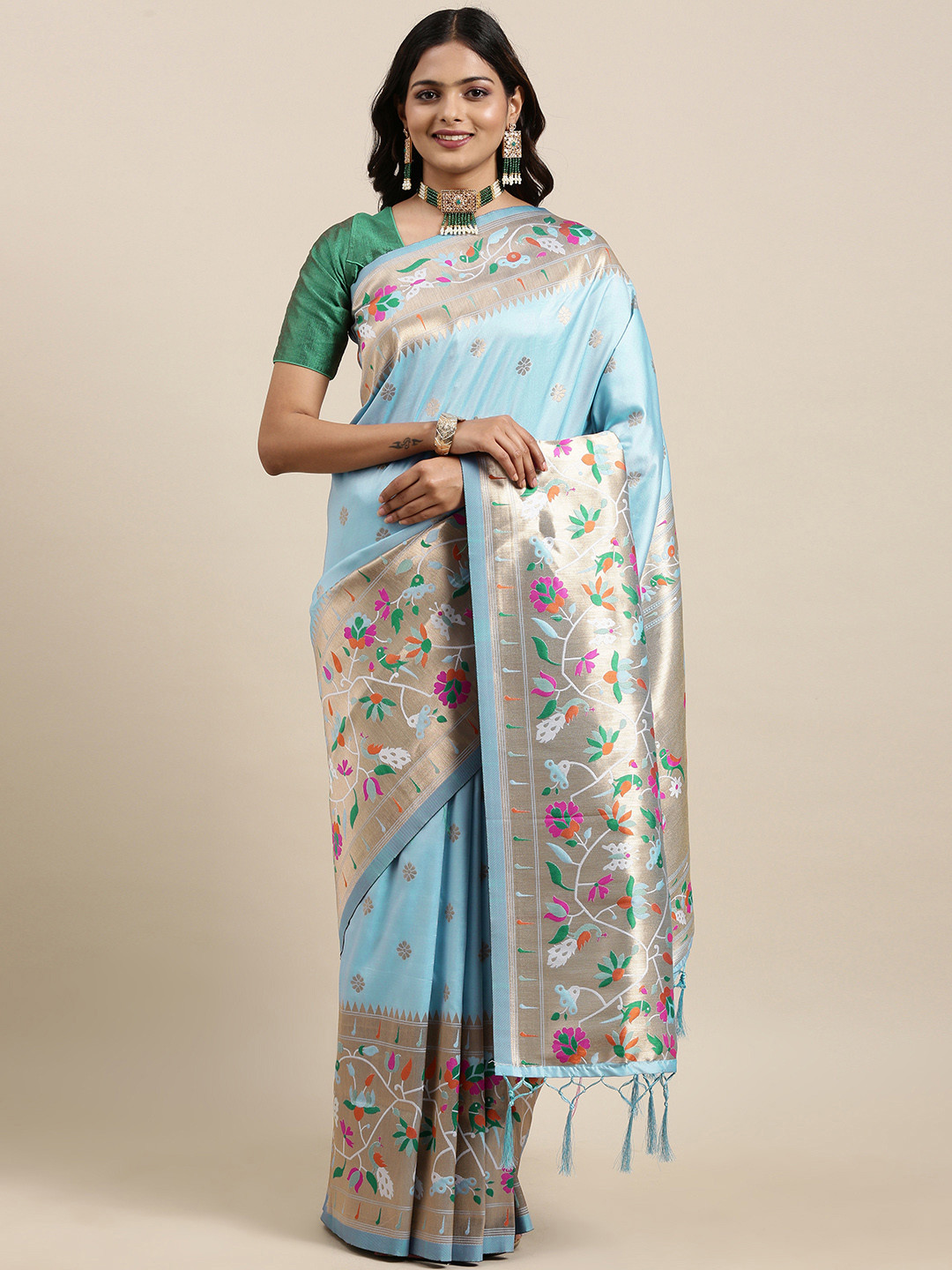 Mitera Blue Woven Design Zari Silk Blend Paithani Saree