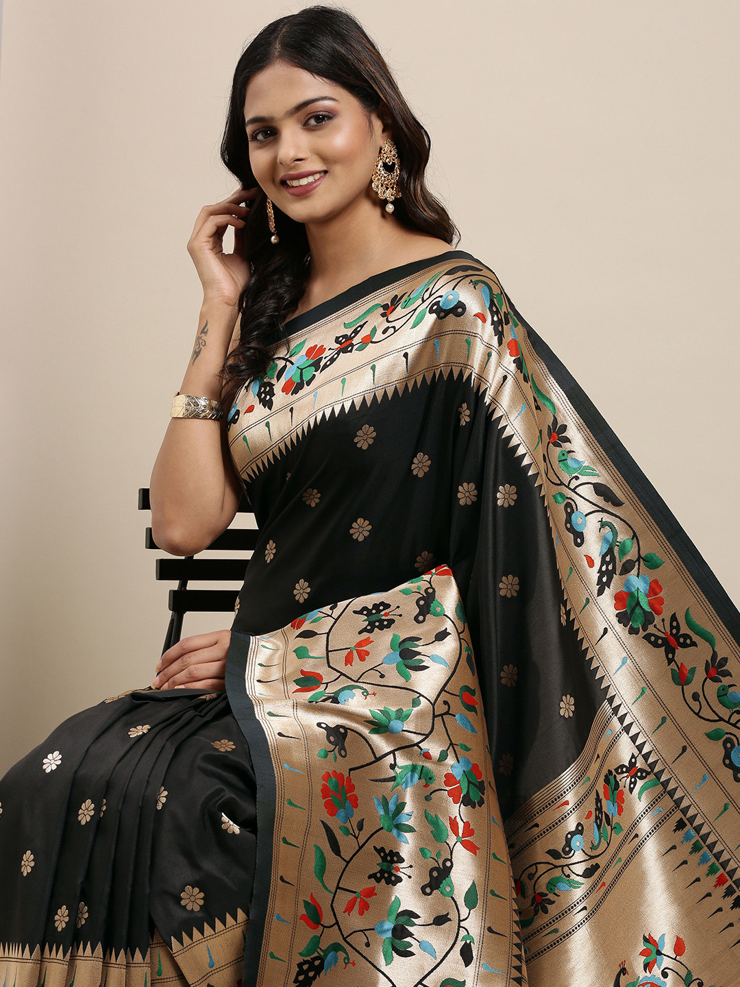 Mitera Black Woven Design Zari Silk Blend Paithani Saree
