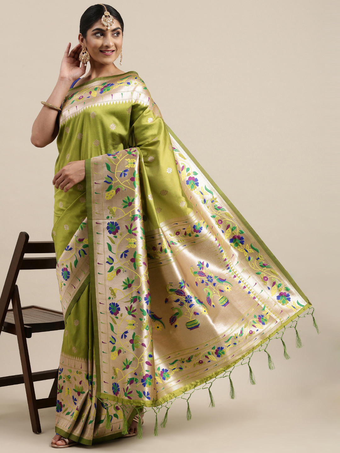 Mitera Olive Green Woven Design Zari Silk Blend Paithani Saree