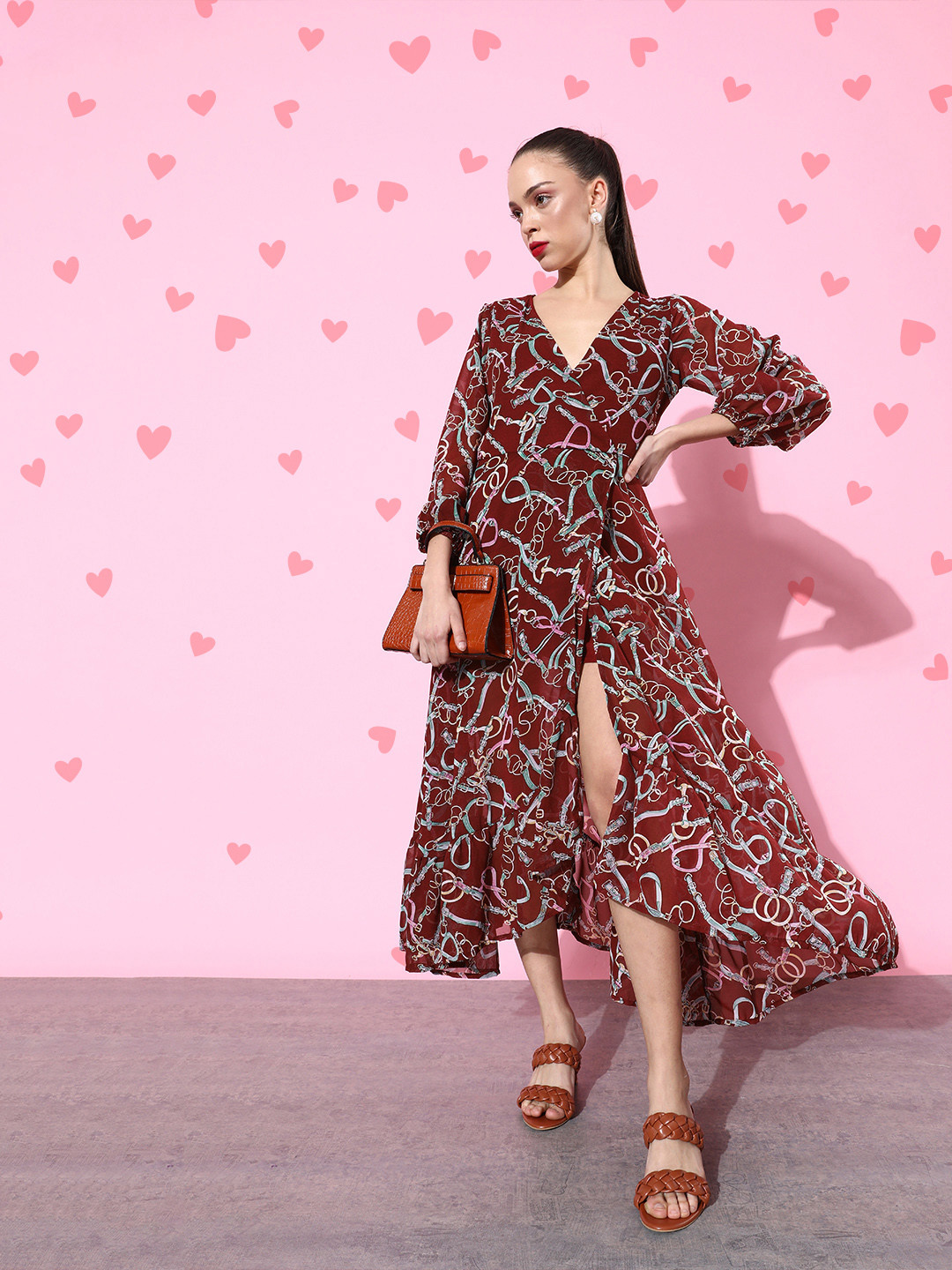 DODO & MOA Charming Maroon Graphic Ruffled Dress