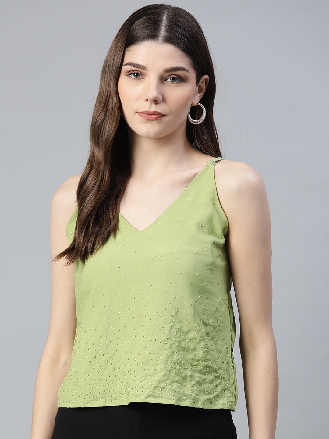 VARUSHKA Women Green Beaded Crop Top