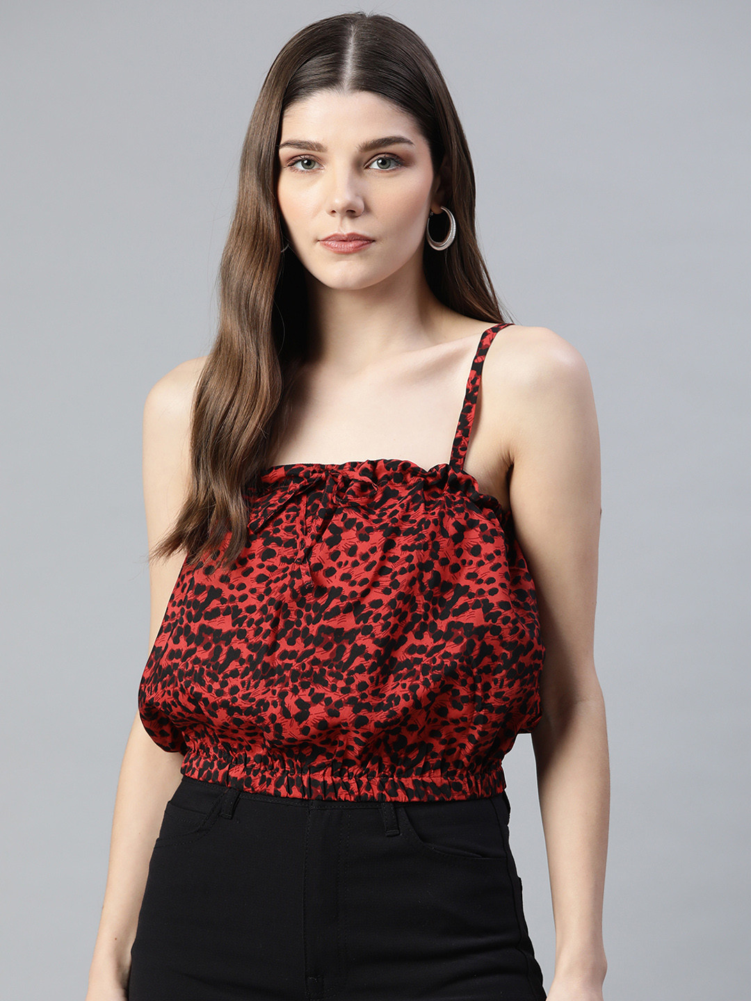 VARUSHKA Women Red & Black Leopard Print Blouson Crop Top