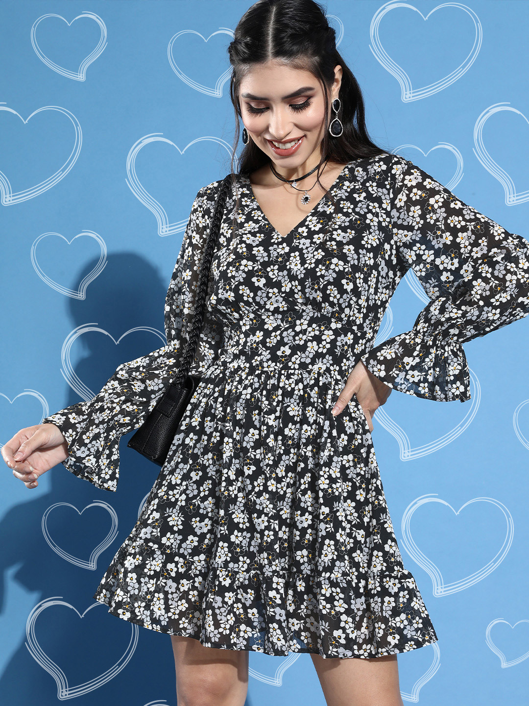 STREET 9 Black & White Floral V-Neck Chiffon Dress