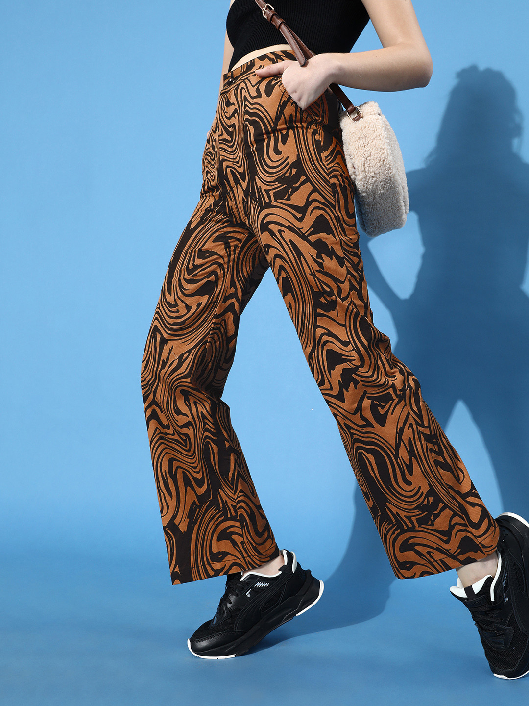 STREET 9 Women Deep Brown Printed Mid-Rise Straight Fit Trousers