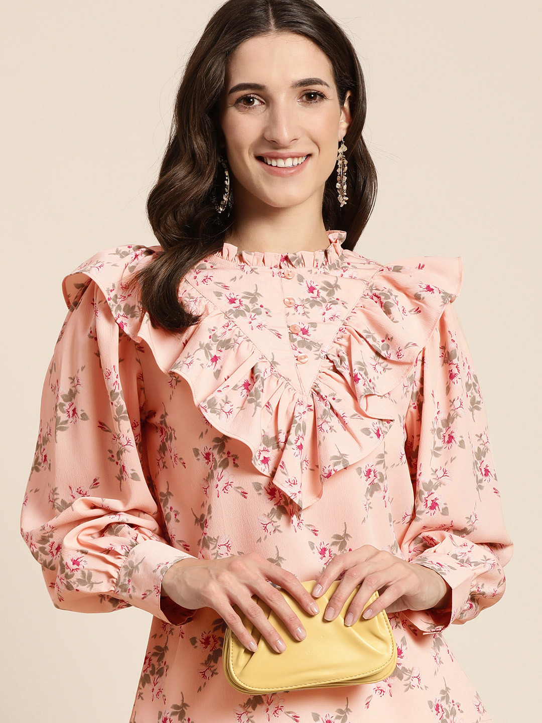 Marie Claire Peach-Coloured & Green Floral Print Ruffles Crepe Top