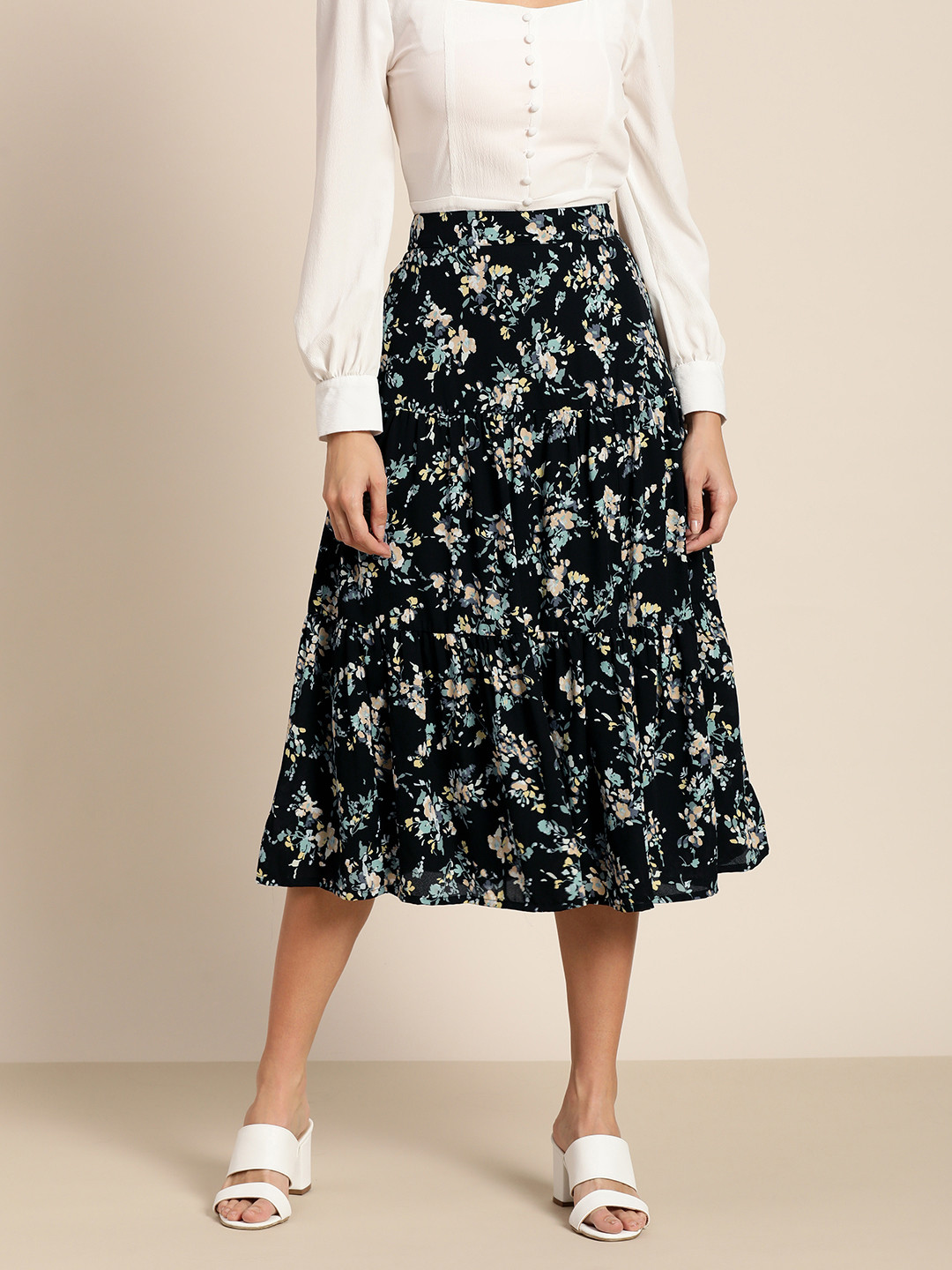 Marie Claire Women Black & Cream-Coloured Floral Print Tiered Knee Length Skirt