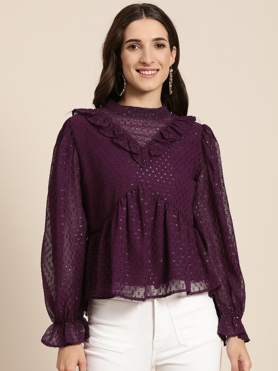 Marie Claire Dark Purple High Neck Bell Sleeves Top
