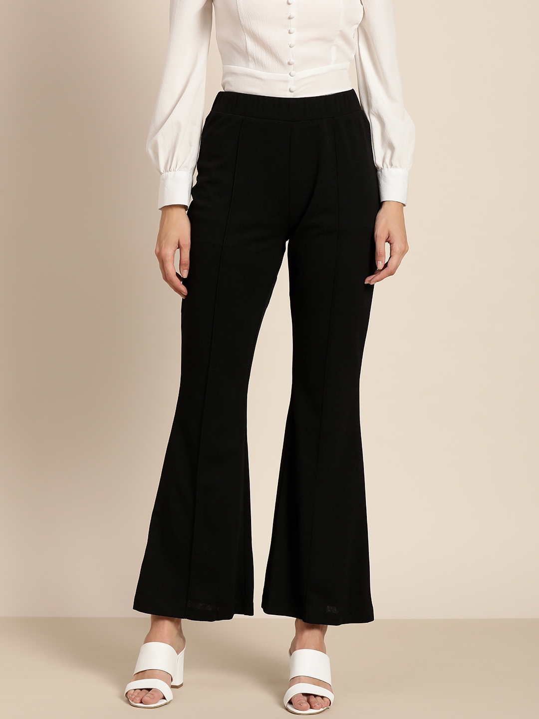 Buy Marie Claire Women Black Solid Flared Pleated Bootcut Trousers