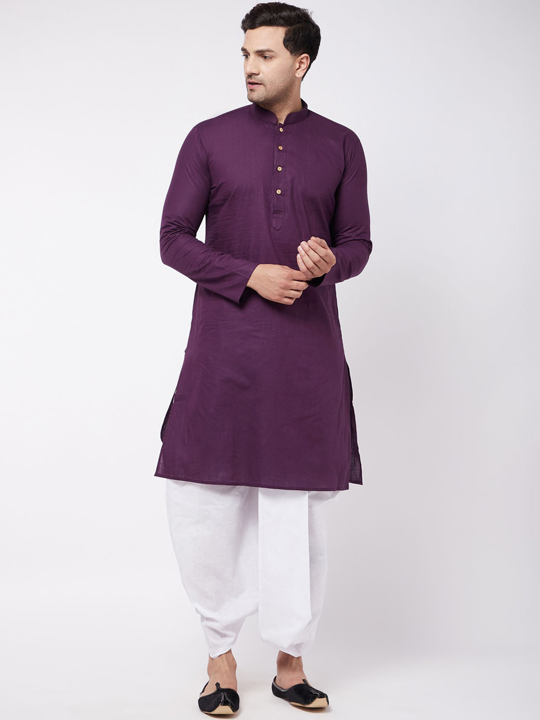 VASTRAMAY Men Purple Kurta with Dhoti Pants