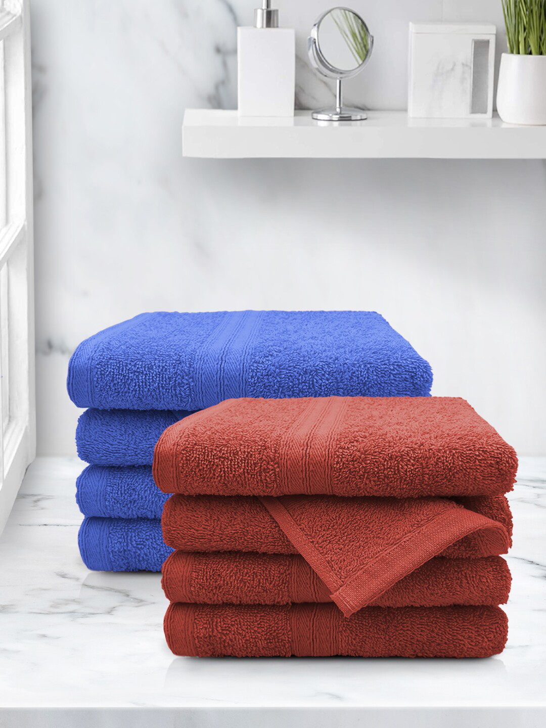 Aura Blue & Rust Red Set Of 8 Solid 500 GSM Cotton Hand Towels