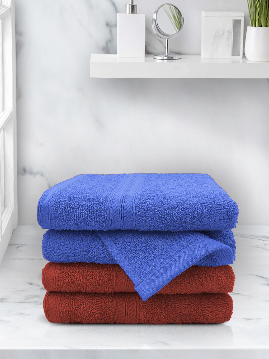 Aura Blue & Rust Red Set Of 4 Solid 500 GSM Cotton Hand Towels