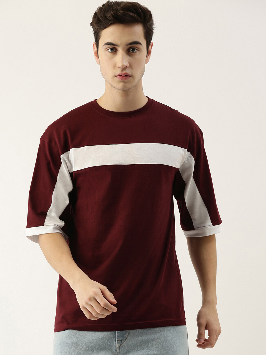 Maniac Men Maroon Striped Oversized Fit Pure Cotton T-shirt