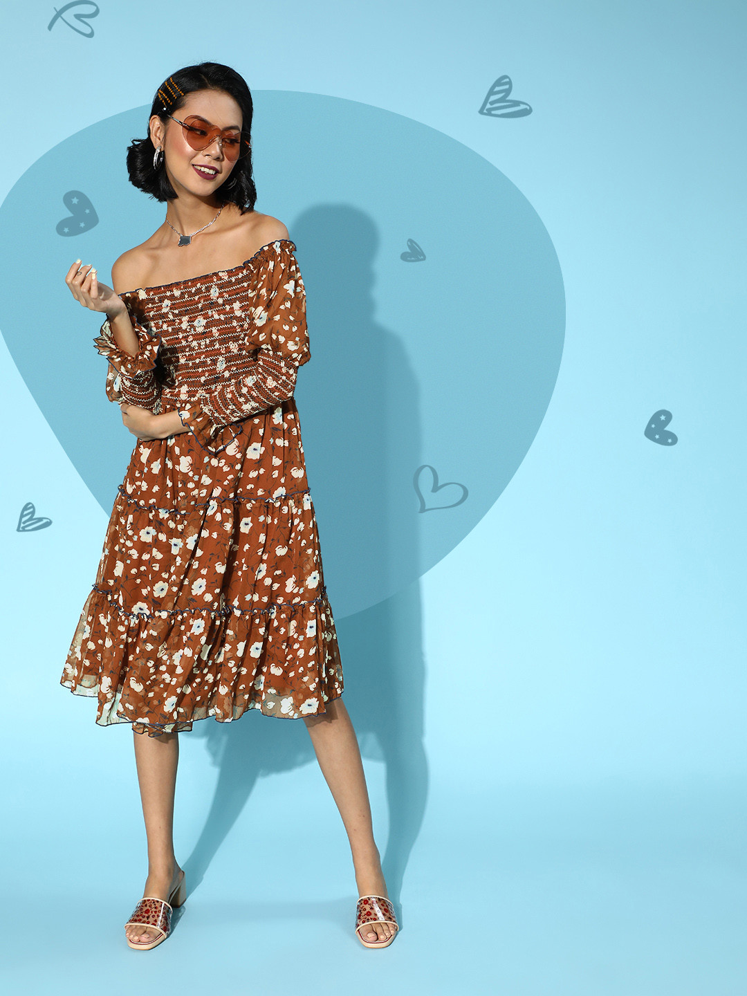 Antheaa Women Deep Brown Floral Tiered Dress