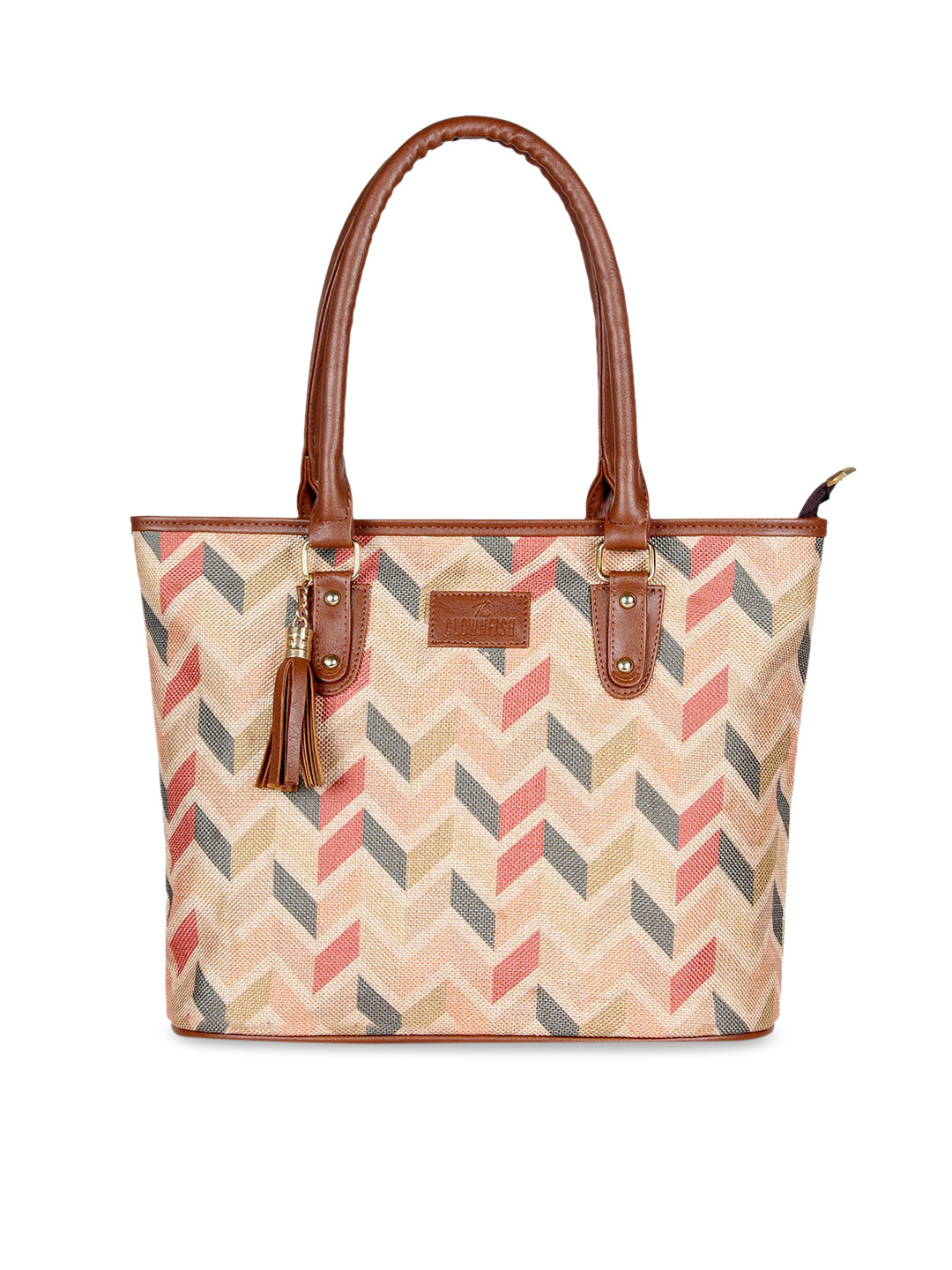 THE CLOWNFISH Percy Cream-Coloured Geometric Printed Structured Handheld Bag