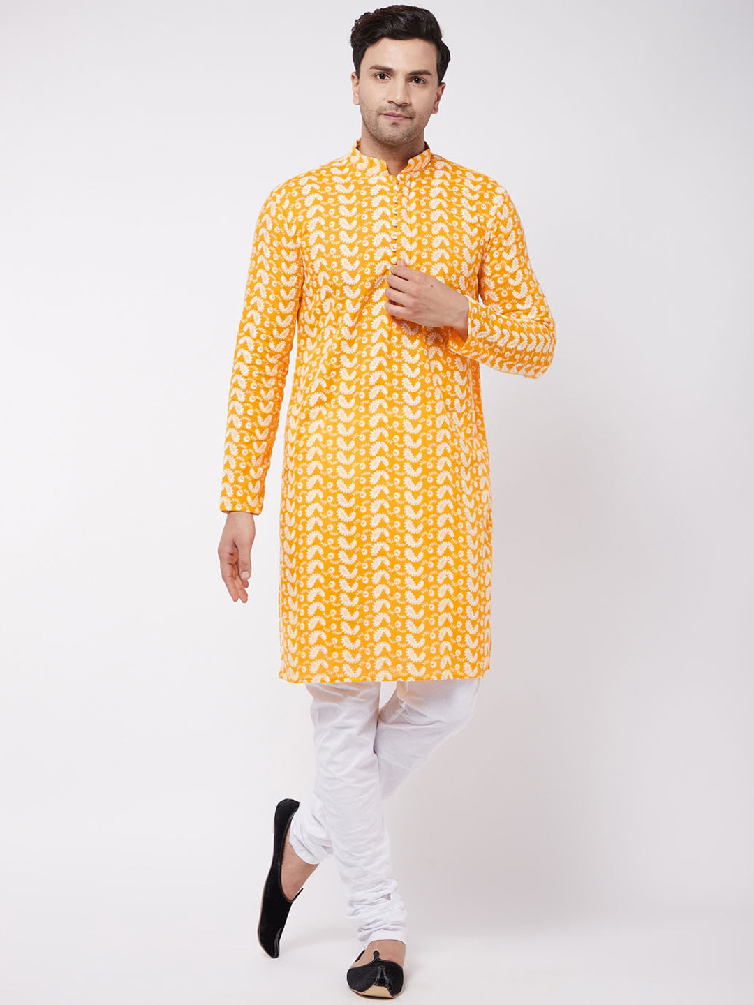 VASTRAMAY Men Orange And White Chikankari Kurta Pyjama Set
