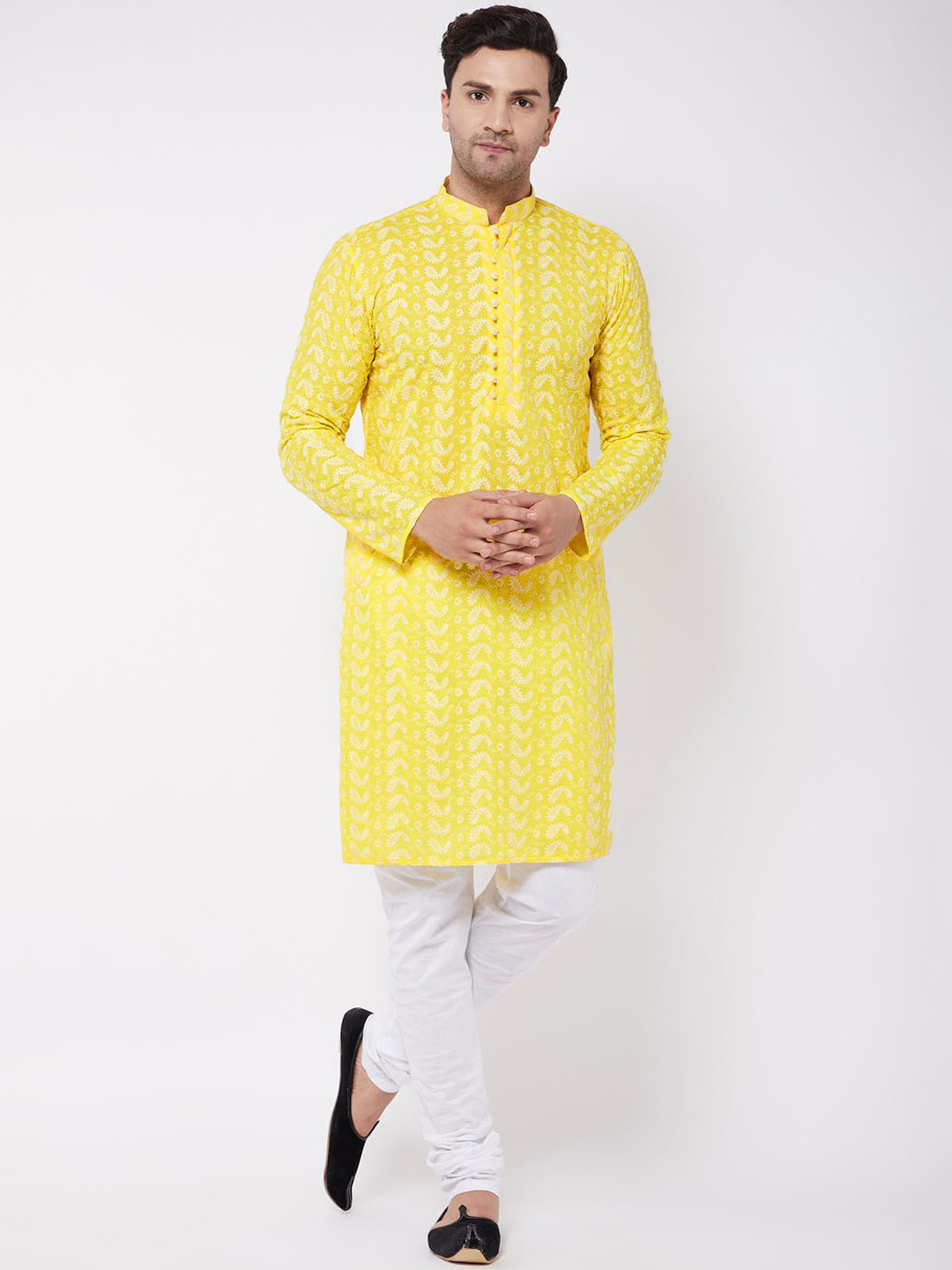 VASTRAMAY Men Yellow And White Chikankari Kurta Pyjama Set