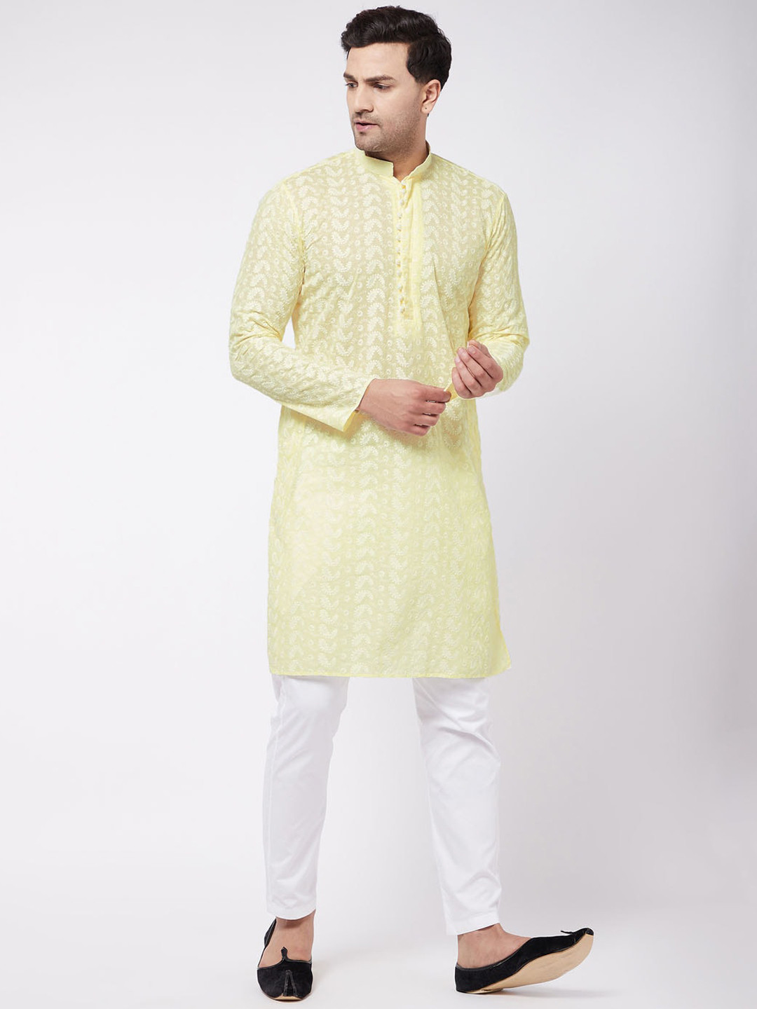 VASTRAMAY Men Yellow And White Chikankari Kurta Pyjama Set