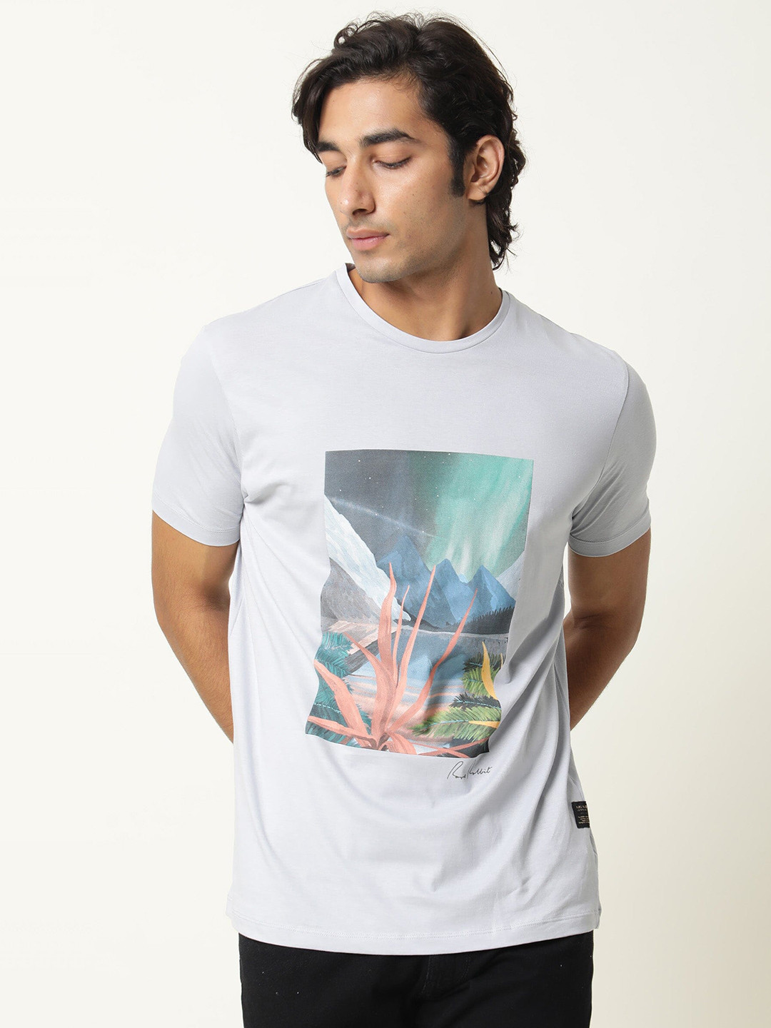 RARE RABBIT Men Mount Printed Pure Cotton Slim Fit T-Shirt