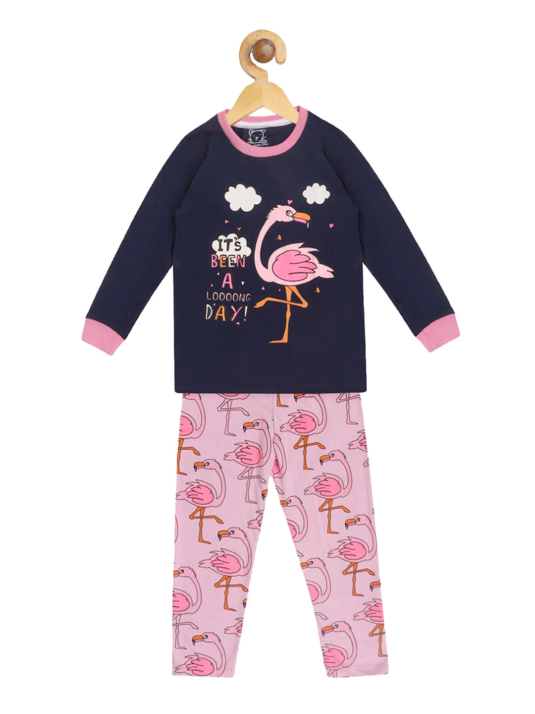 Lazy Shark Girls Navy Blue & Pink Printed Night suit