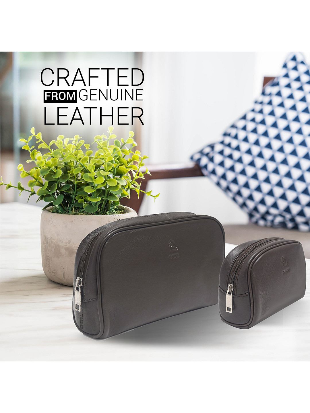 Kara Set Of 2 Brown Solid Genuine Leather Toiletry Kit
